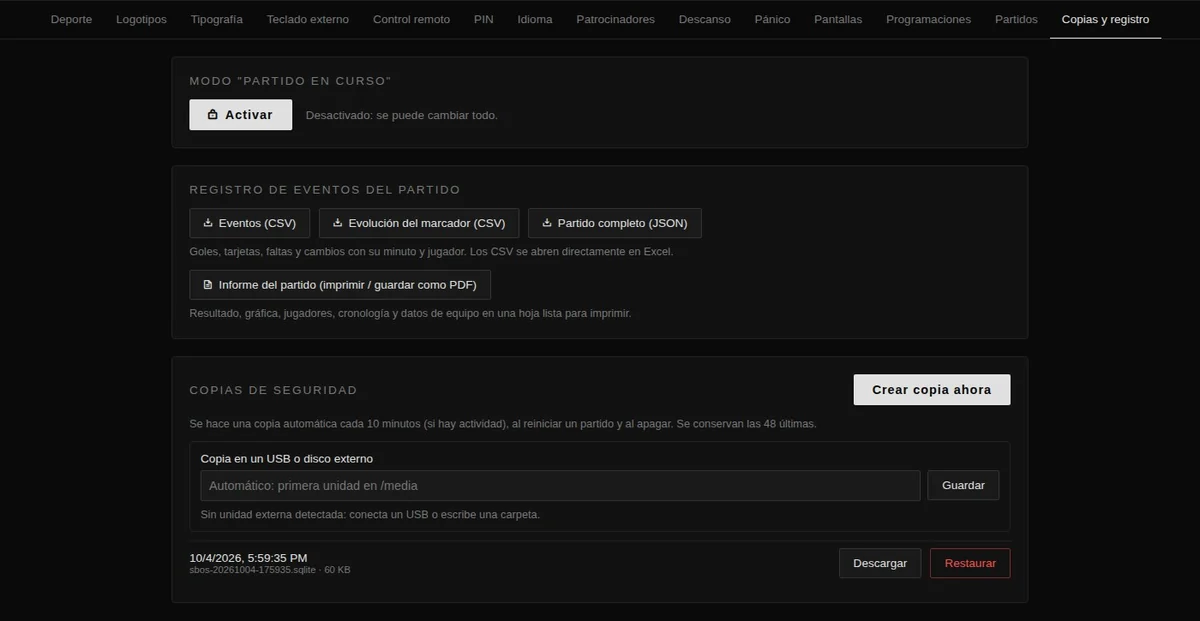 Pantalla de copias y registro con exportación de eventos en CSV y informe del partido