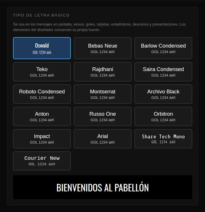 Selector de tipografía con dieciséis tipos de letra