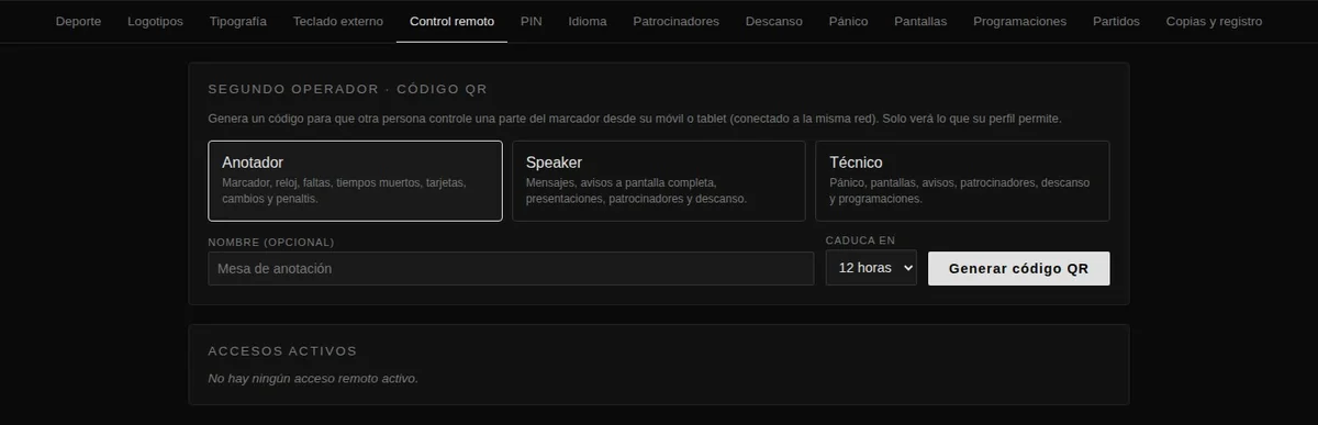 Pantalla de control remoto con los tres roles y botón para generar el código QR