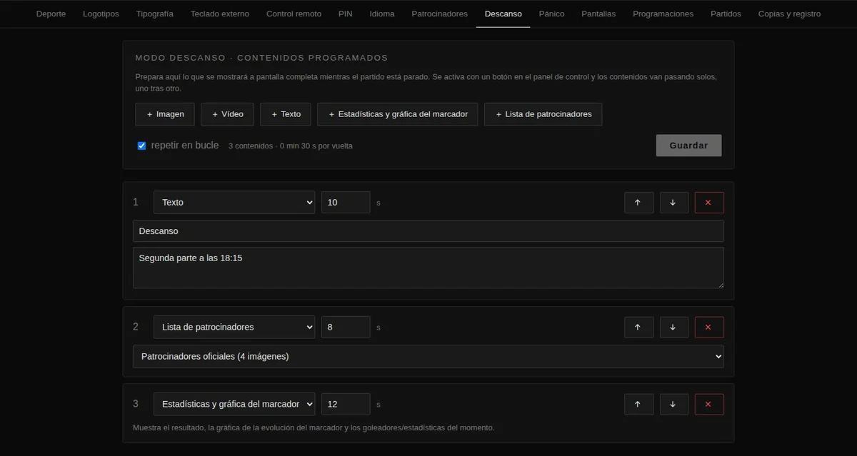 Editor del modo descanso con la lista de contenidos programados