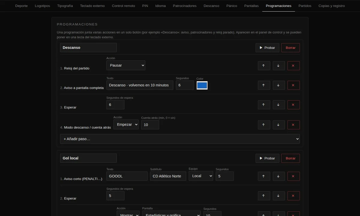 Editor de programaciones con pasos como reloj, aviso a pantalla completa, esperar y modo descanso