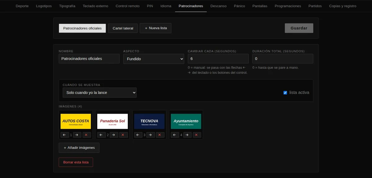 Configuración de la lista de patrocinadores: modo, intervalo y momento de aparición