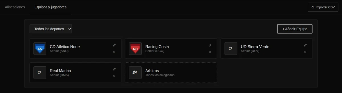 Listado de equipos y árbitros