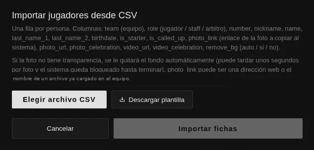 Ventana de importación de jugadores desde un archivo CSV