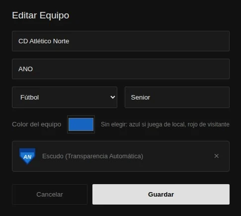 Ficha de equipo con nombre, abreviatura, color y escudo