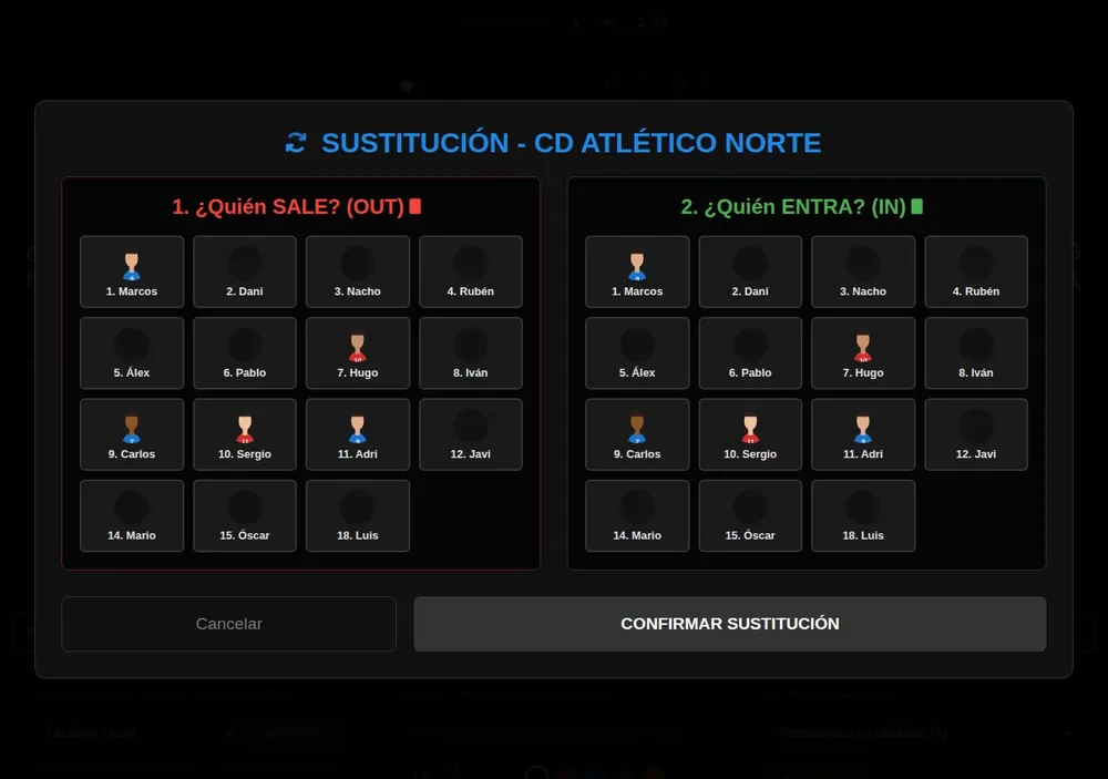 Ventana de sustitución del panel de control con listas de quién sale y quién entra