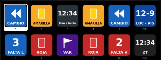 Teclado de fútbol, página Marcador: cambio, amarilla, roja, VAR, faltas y goles