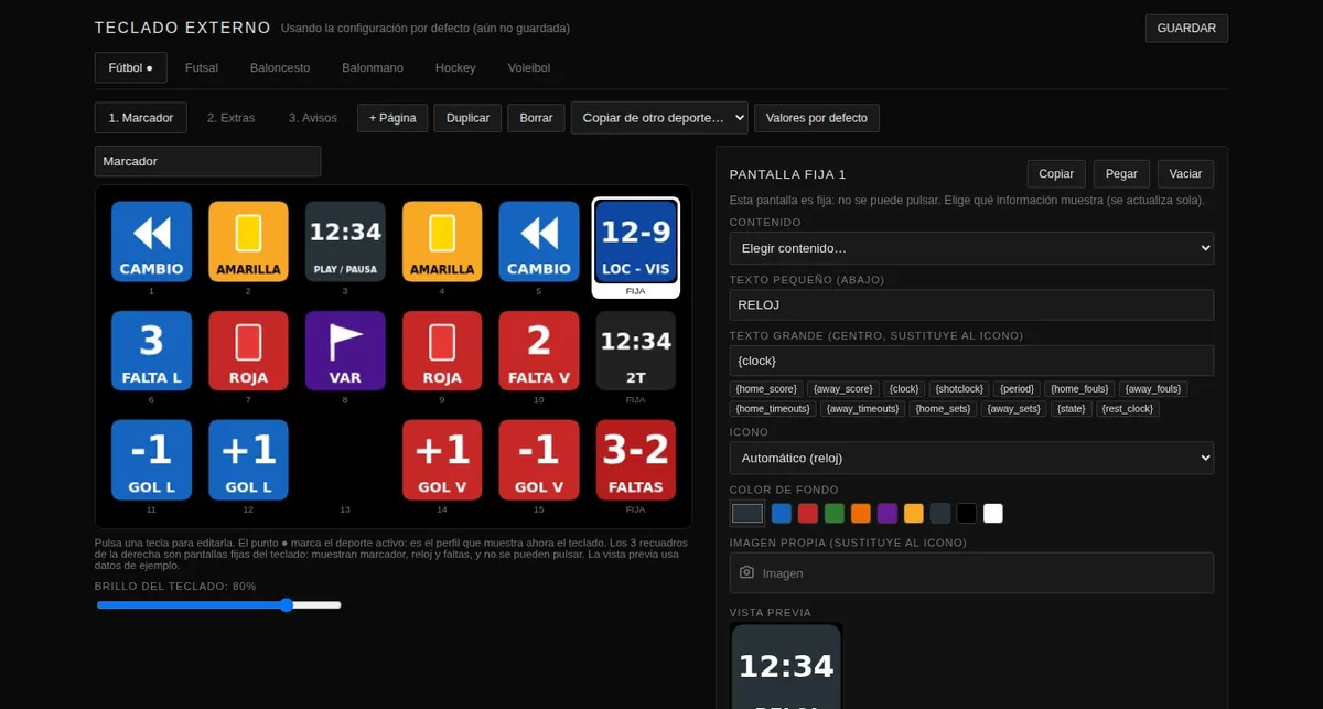 Editor de teclado con una pantalla lateral seleccionada y su vista previa